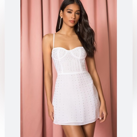 superdown Dresses & Skirts - Revolve Superdown Carina Sheer Rhinestone Dress in White bachelorette bridal med